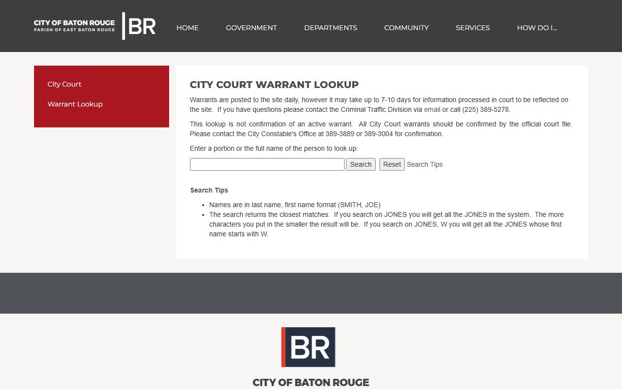 Baton Rouge City Court warrant lookup database for bench warrants