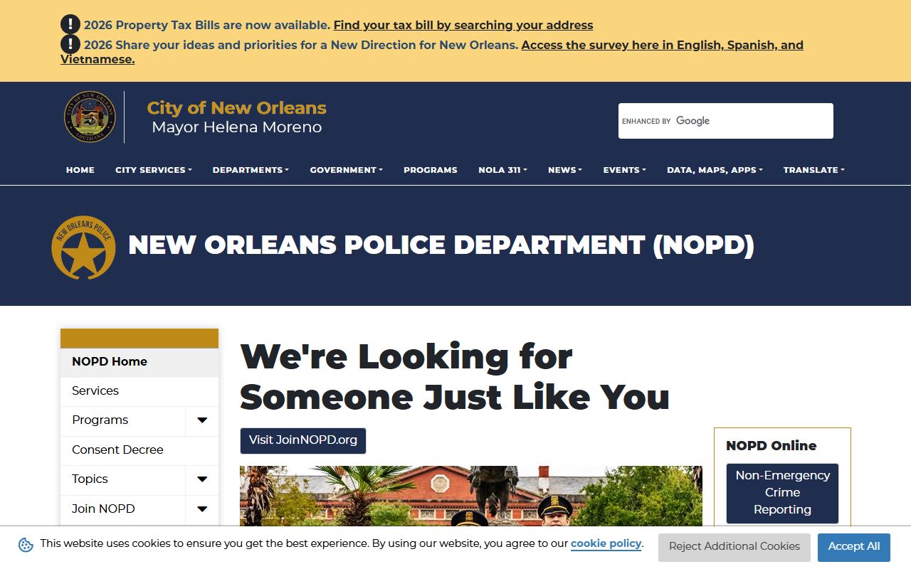 New Orleans Police Department website for bench warrant information