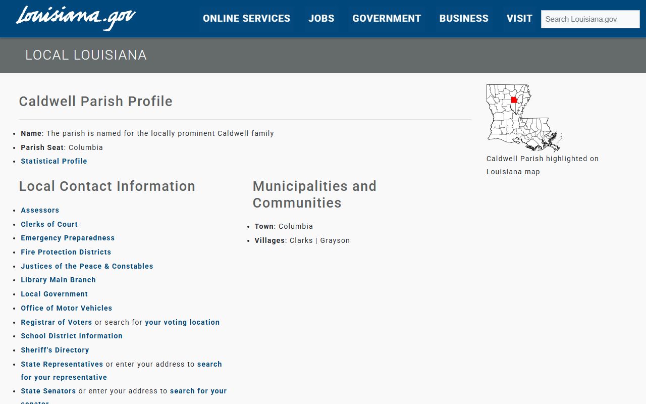 Louisiana state page with Caldwell Parish government resources