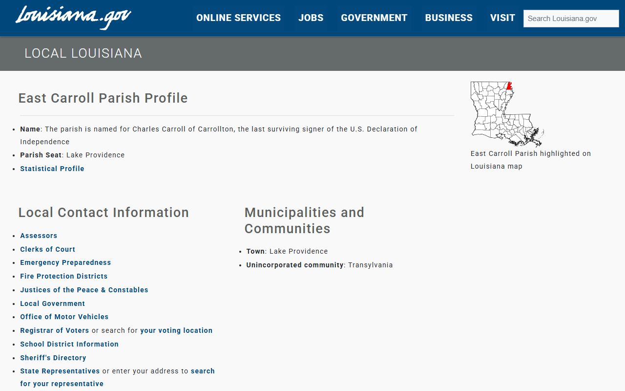 Louisiana state page for East Carroll Parish government resources