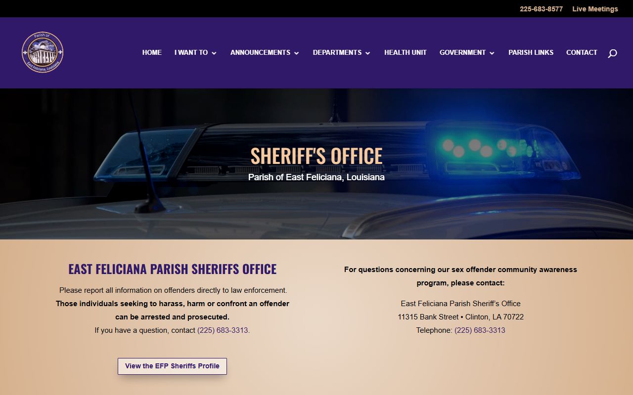 East Feliciana Parish government page for sheriff's office and bench warrant services