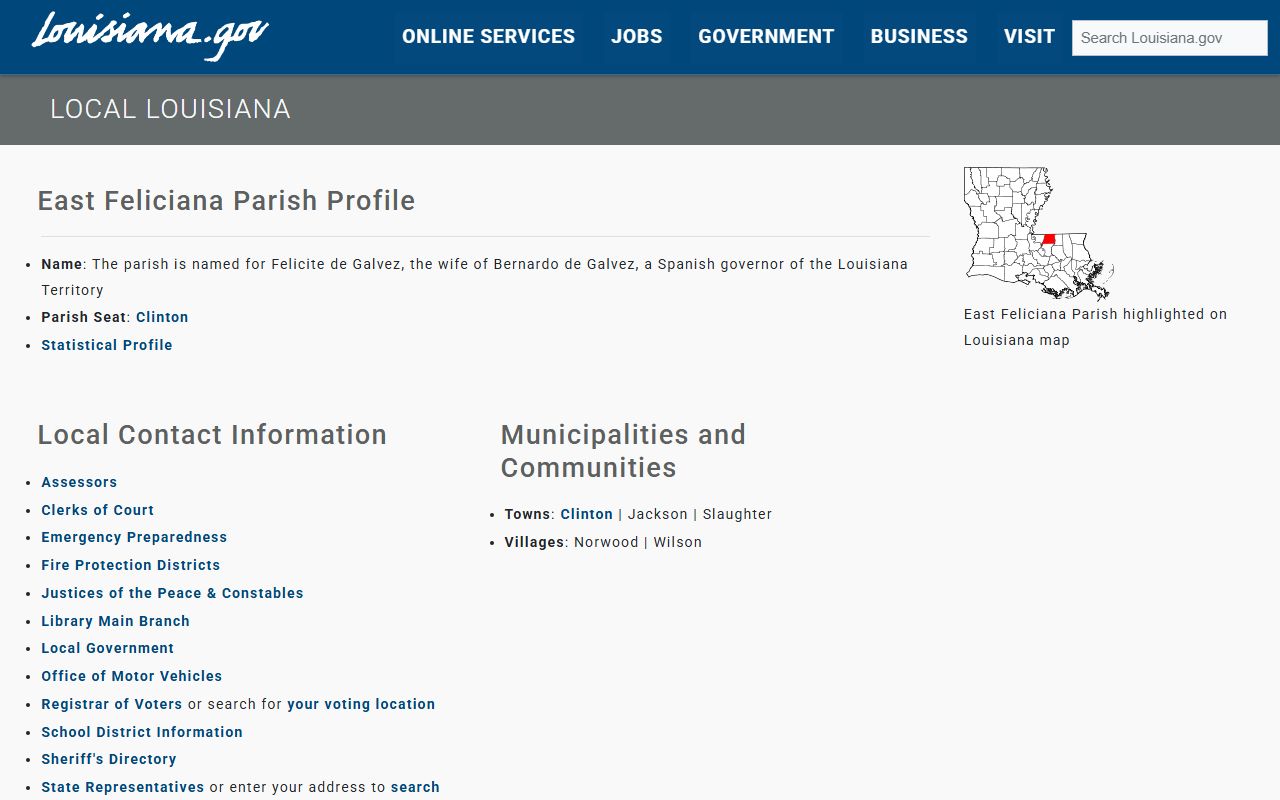 Louisiana state directory for East Feliciana Parish government offices