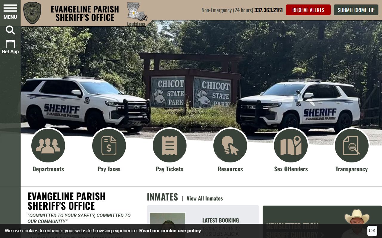 Evangeline Parish Sheriff's Office website for bench warrant inquiries
