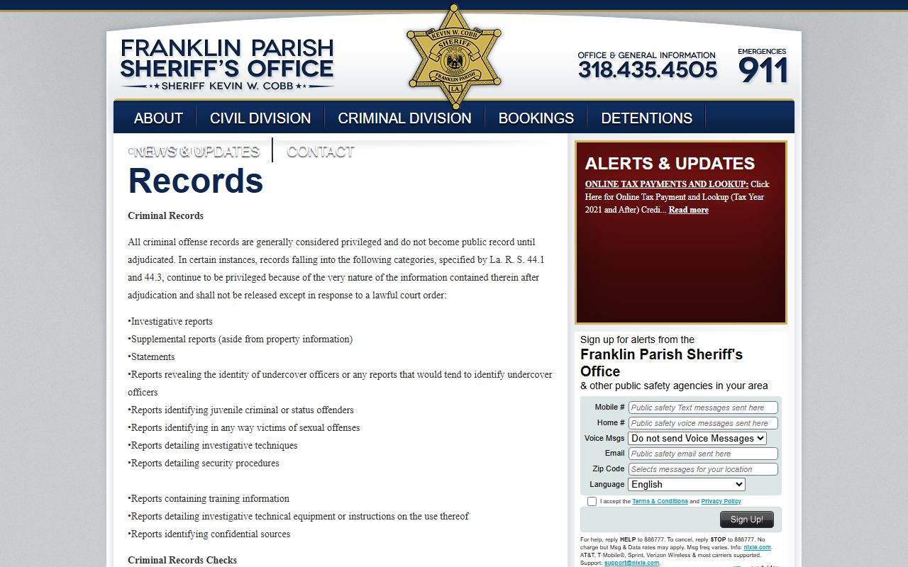 Franklin Parish Sheriff's Office records division page for bench warrant requests