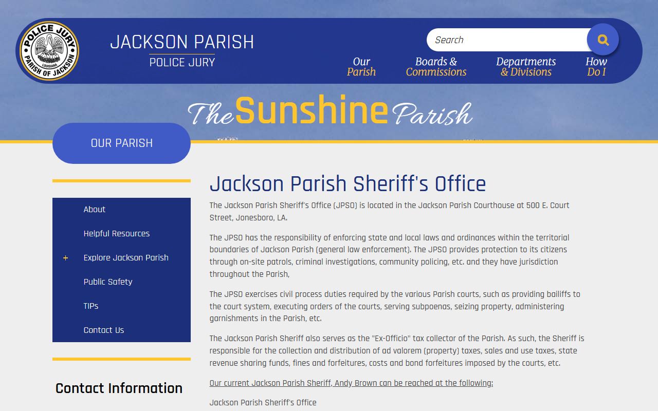 Jackson Parish Police Jury page with sheriff's office contact information for bench warrants