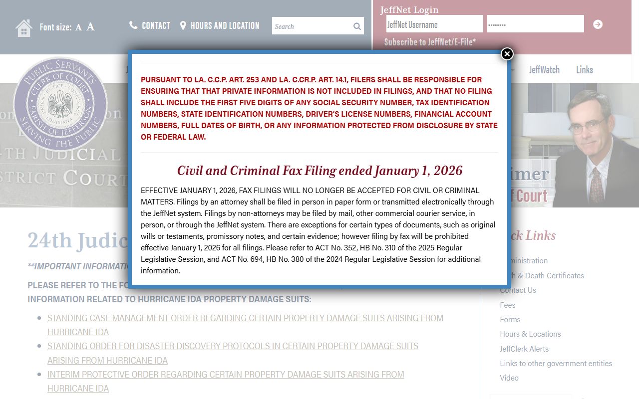 24th Judicial District Court page for Jefferson Parish bench warrant filings