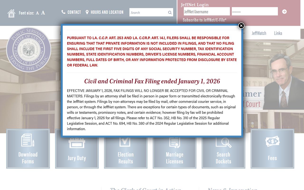 Jefferson Parish Clerk of Court website for bench warrant court records