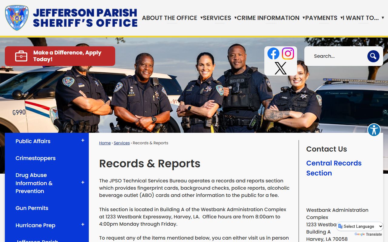 JPSO Records and Reports page for Jefferson Parish bench warrant record requests