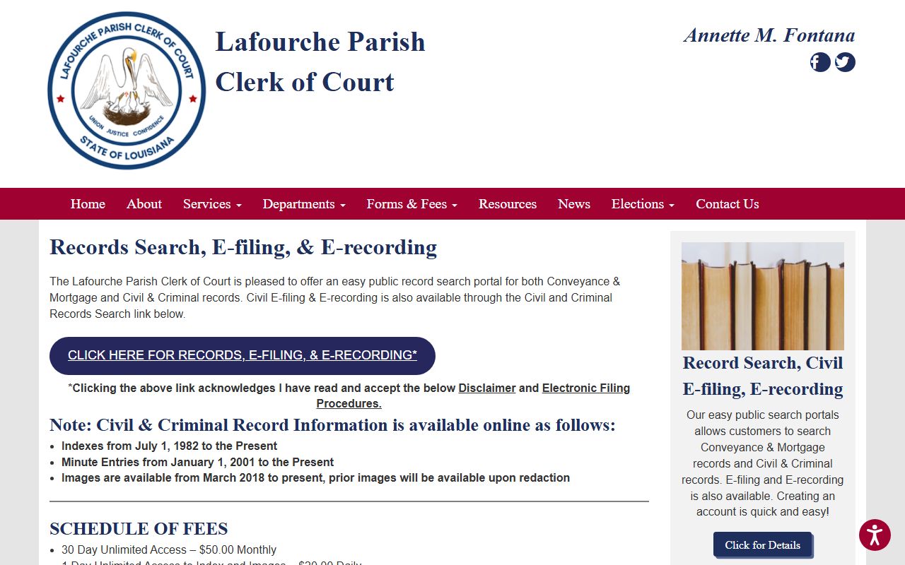 Lafourche Parish Clerk of Court records search page for bench warrant lookups
