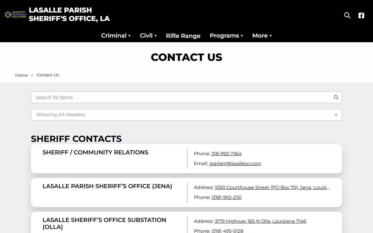 LaSalle Parish Sheriff's Office contact page for bench warrant inquiries
