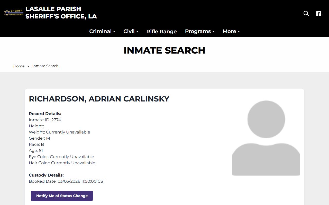 LaSalle Parish inmate search tool for bench warrant arrest lookups