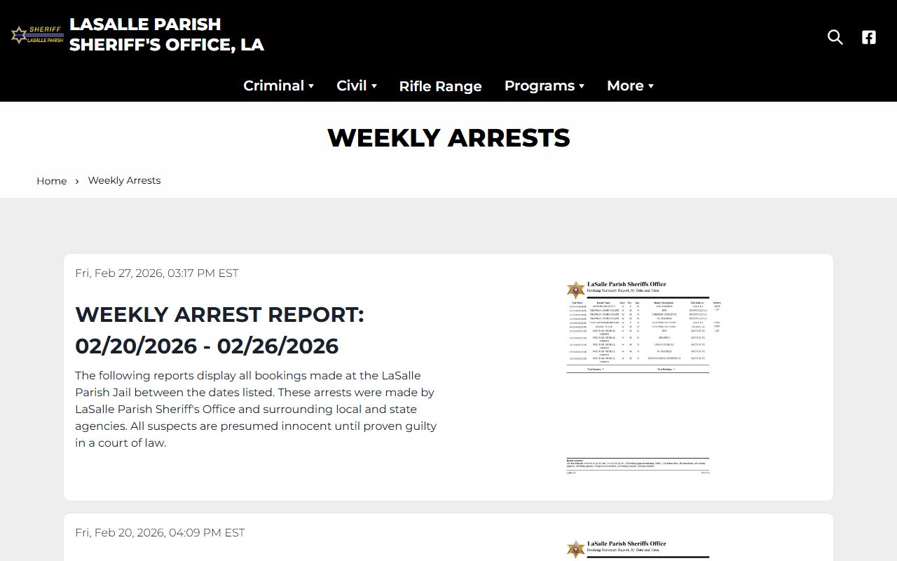LaSalle Parish weekly arrests page showing bench warrant arrests
