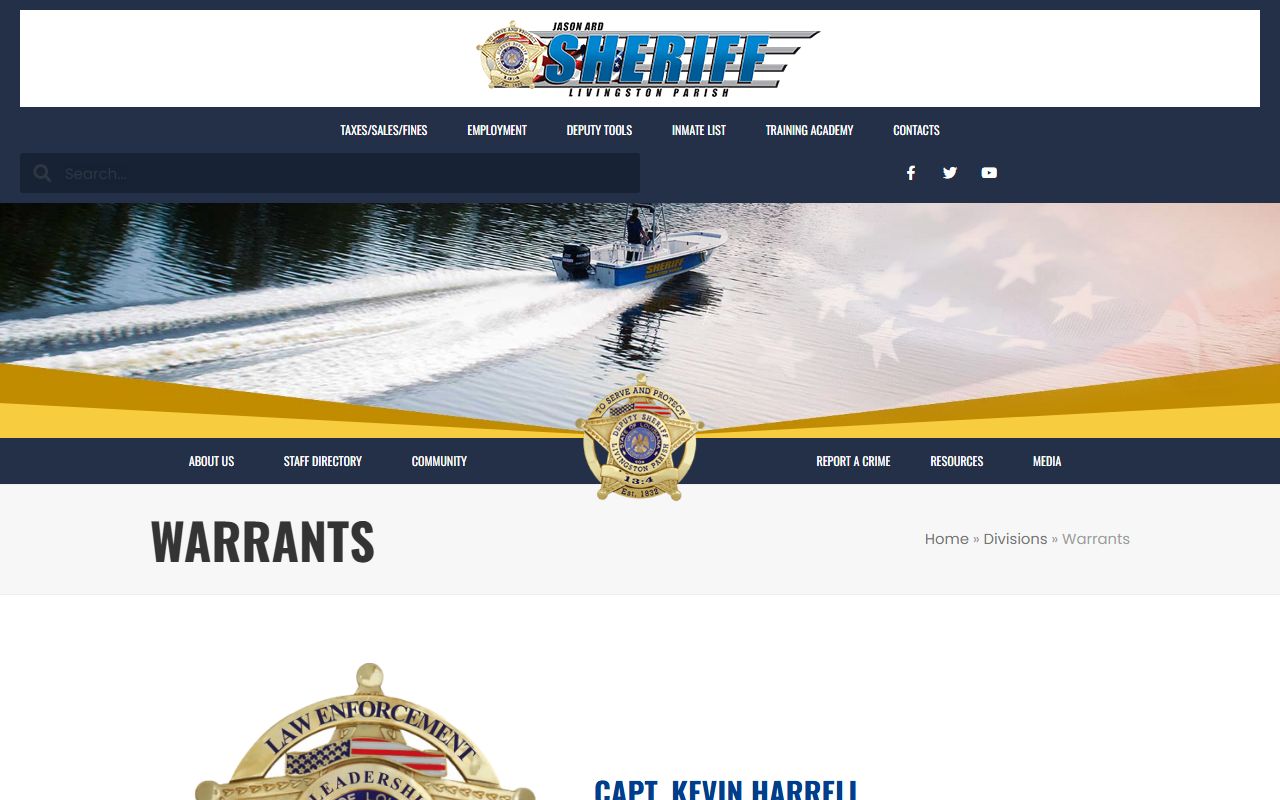 Livingston Parish Sheriff's Office Warrants Division page for bench warrant inquiries
