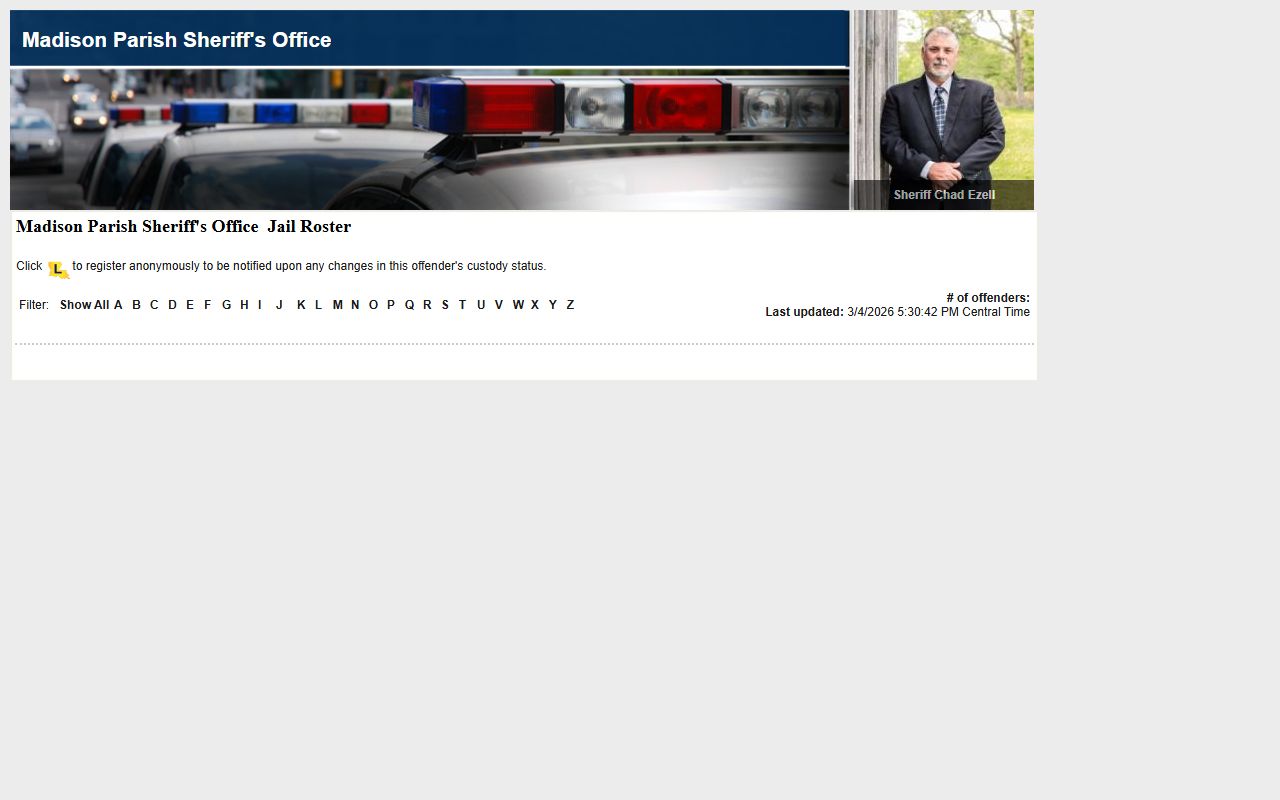 Madison Parish jail roster system for bench warrant inmates