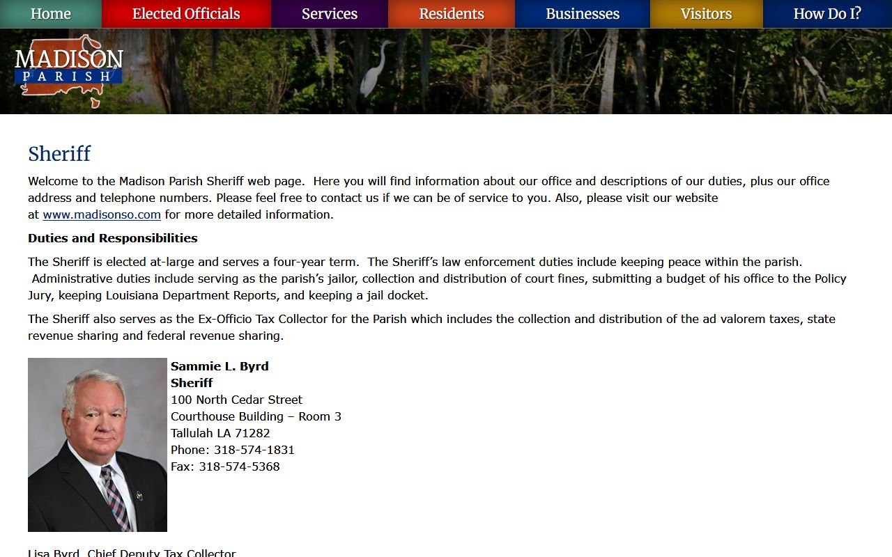 Madison Parish government website with bench warrant information