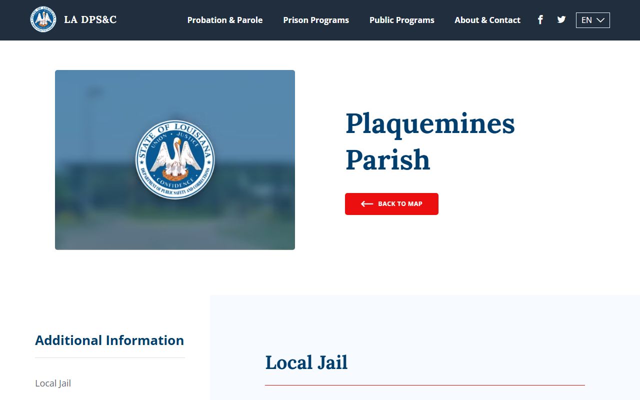 DOC information for Plaquemines Parish bench warrant detention facilities