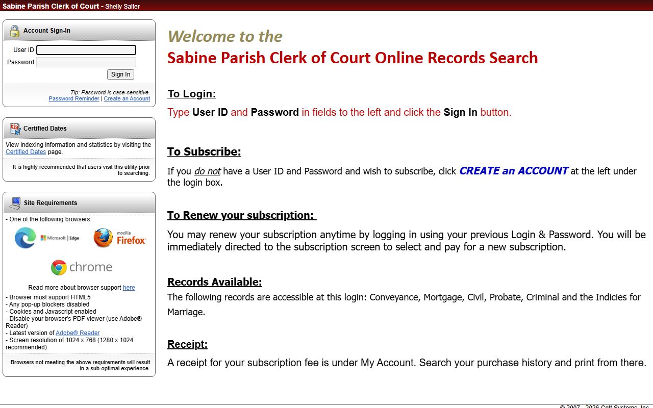 Sabine Parish online records access for bench warrant court documents
