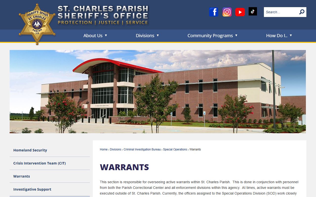 St. Charles Parish Warrants Section for bench warrant enforcement