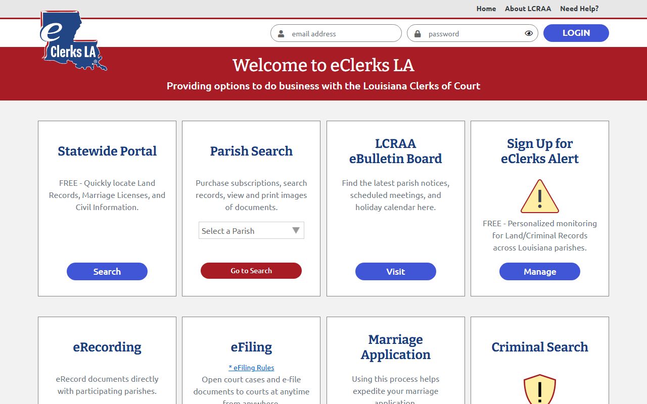 eClerksLA statewide records system for Louisiana bench warrant court records